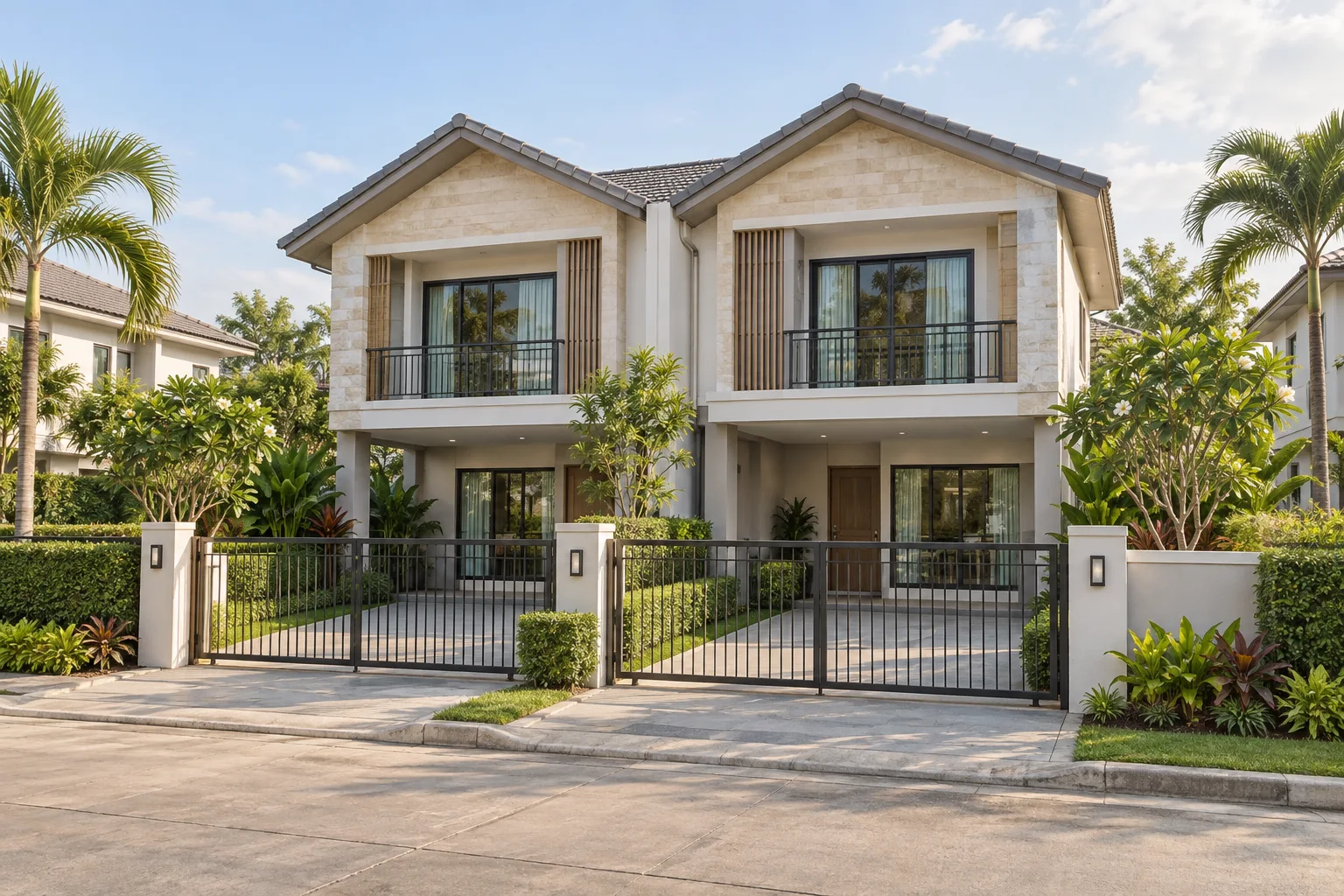 ภาพจำลอง AI สำหรับ semi-detached-2 — บ้านแฝดหลังมุม โทนอบอุ่น (ไม่ใช่ทรัพย์จริง)