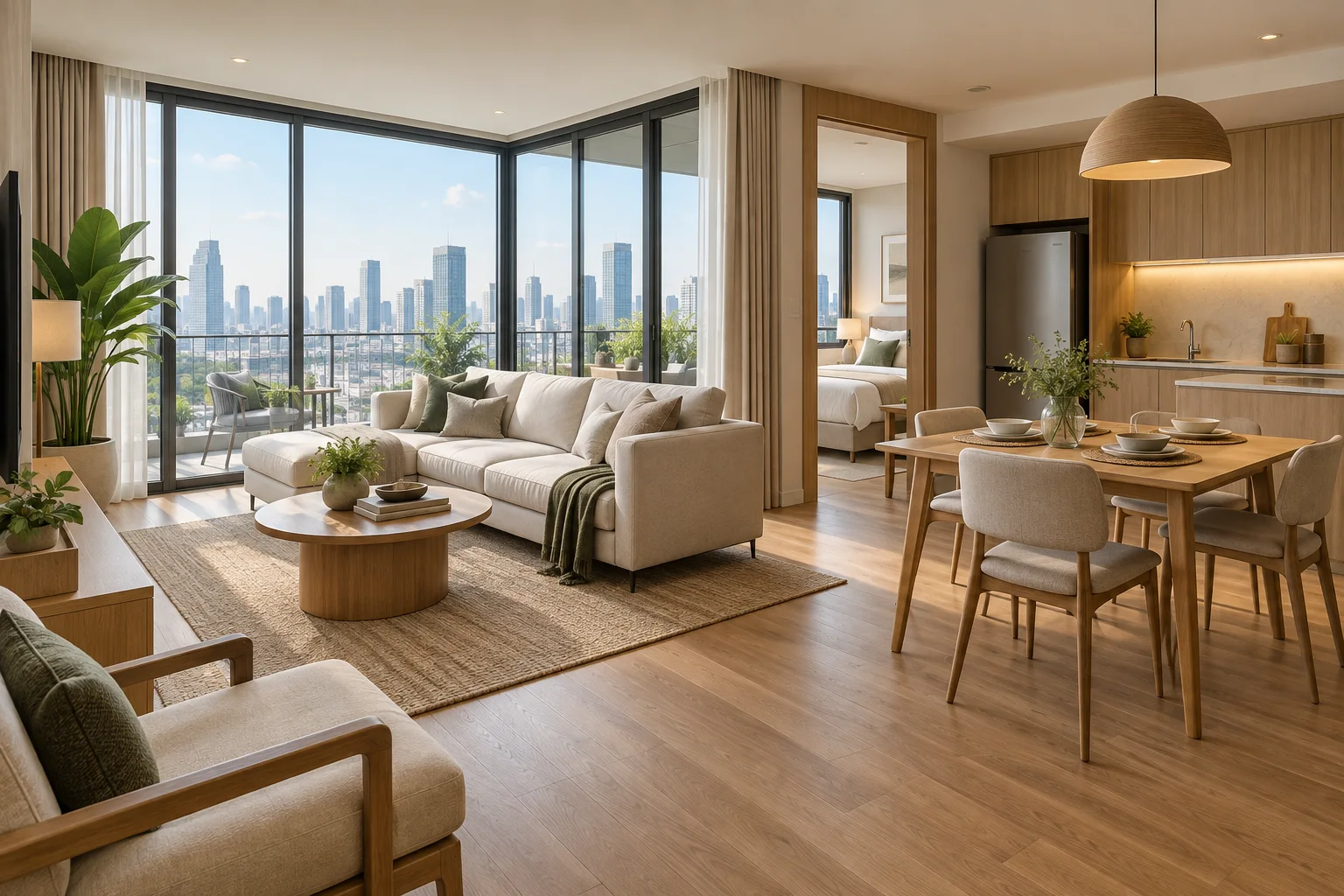 ภาพจำลอง AI สำหรับ condo-1 — คอนโด 2 ห้องนอน วิวเมือง บางจาก (ไม่ใช่ทรัพย์จริง)