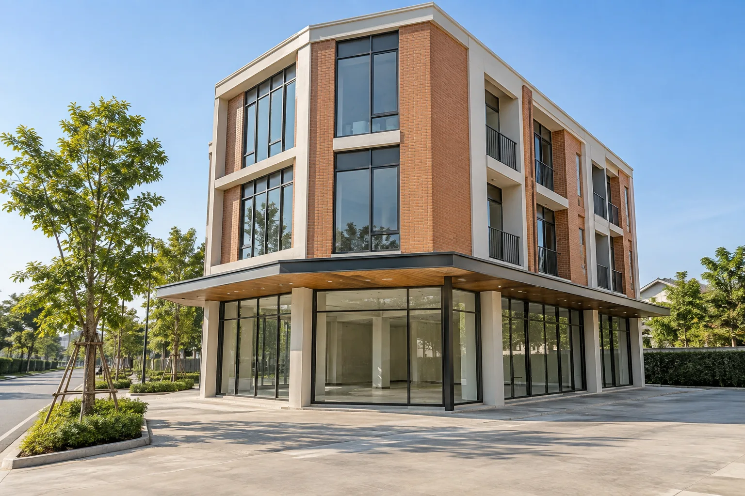 ภาพจำลอง AI สำหรับ commercial-building-2 — อาคารพาณิชย์หัวมุม 3 ชั้น (ไม่ใช่ทรัพย์จริง)