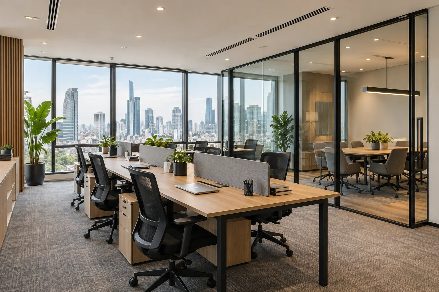 ภาพจำลอง AI สำหรับ office-1 — สำนักงานตกแต่งครบ วิวเมือง (ไม่ใช่ทรัพย์จริง)