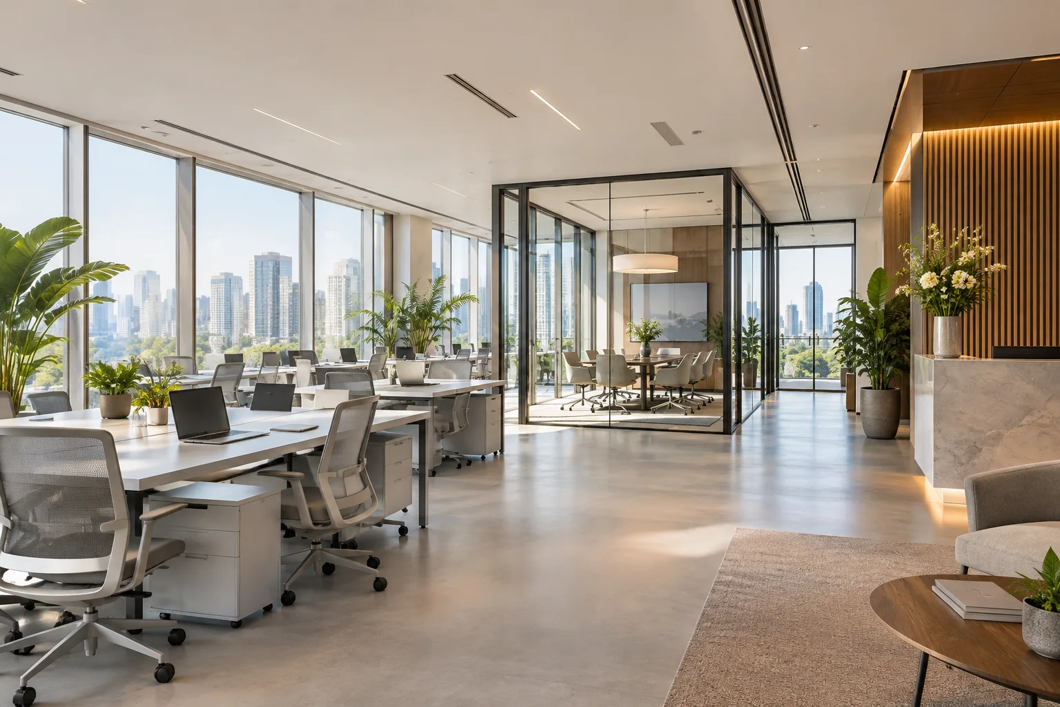 ภาพจำลอง AI สำหรับ office-2 — สำนักงานพื้นที่ยืดหยุ่น พร้อมห้องประชุม (ไม่ใช่ทรัพย์จริง)