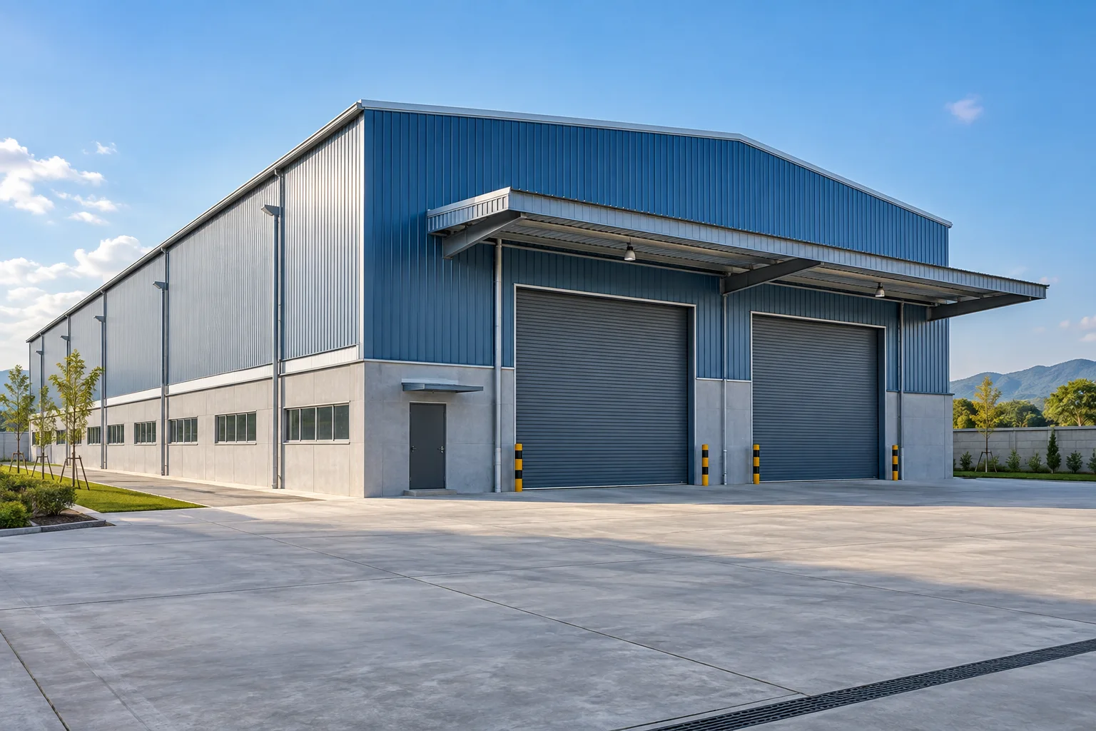ภาพจำลอง AI สำหรับ warehouse-1 — โกดังใหม่ พร้อมลานขนถ่ายสินค้า (ไม่ใช่ทรัพย์จริง)