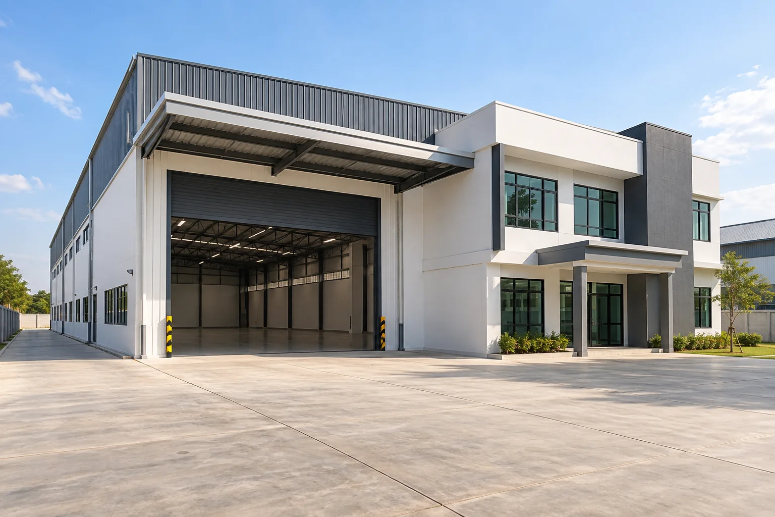 ภาพจำลอง AI สำหรับ warehouse-2 — โกดังพร้อมสำนักงาน 2 ชั้น (ไม่ใช่ทรัพย์จริง)
