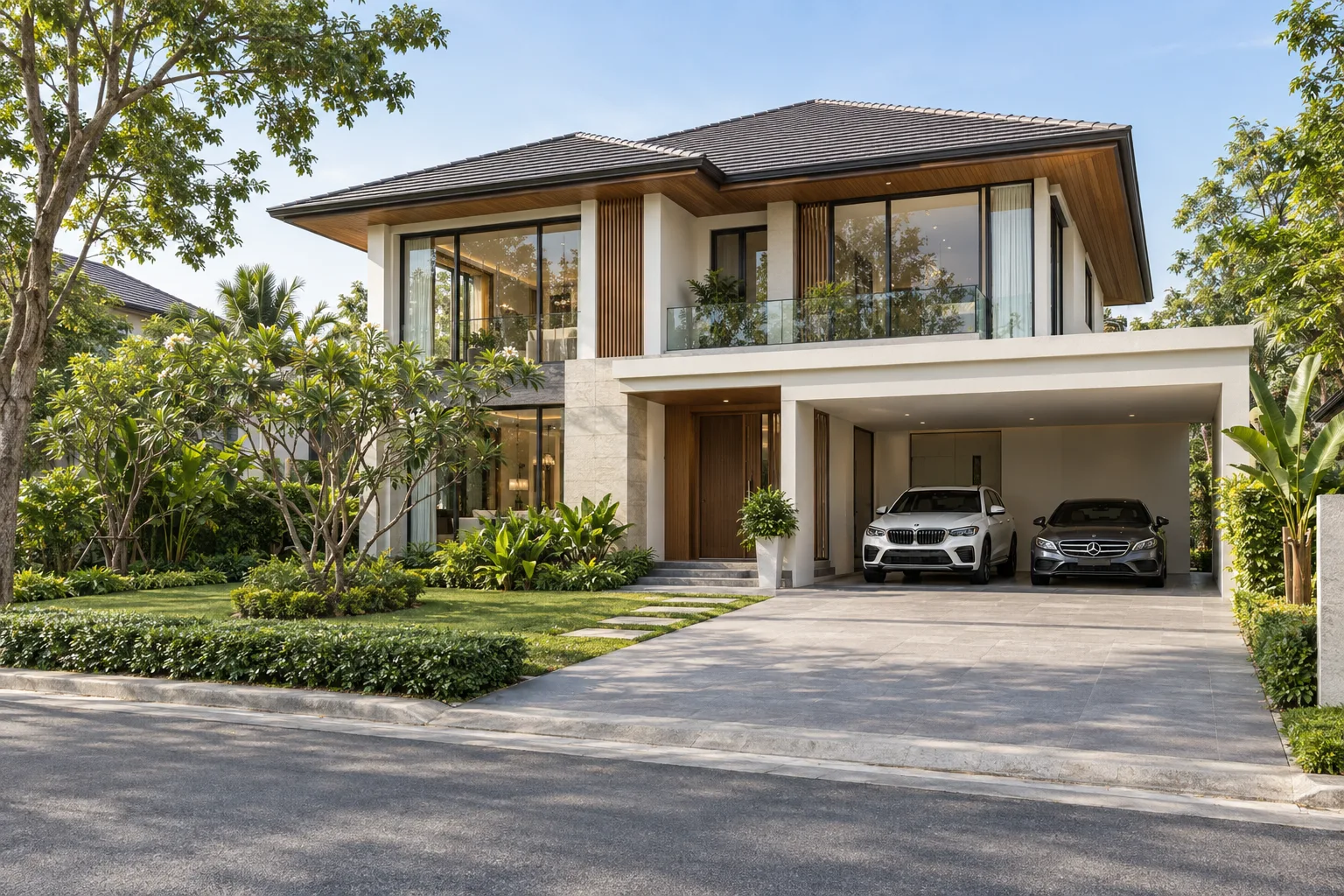 ภาพจำลอง AI สำหรับ house-1 — บ้านเดี่ยวโมเดิร์นพร้อมสวน ห้วยขวาง (ไม่ใช่ทรัพย์จริง)